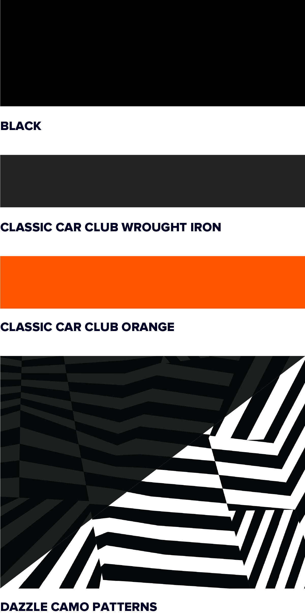 Classic Car Club’s color palette consisting of black, wrought iron, and orange.