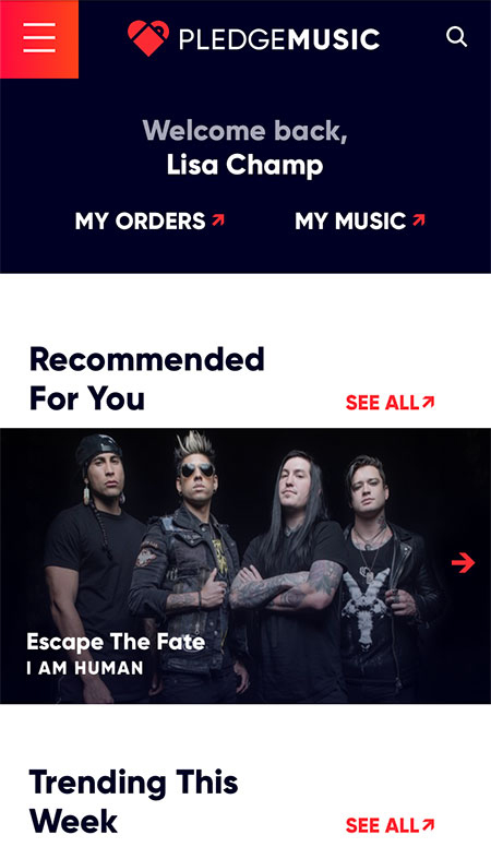 Mobile layout of PledgeMusic’s home page