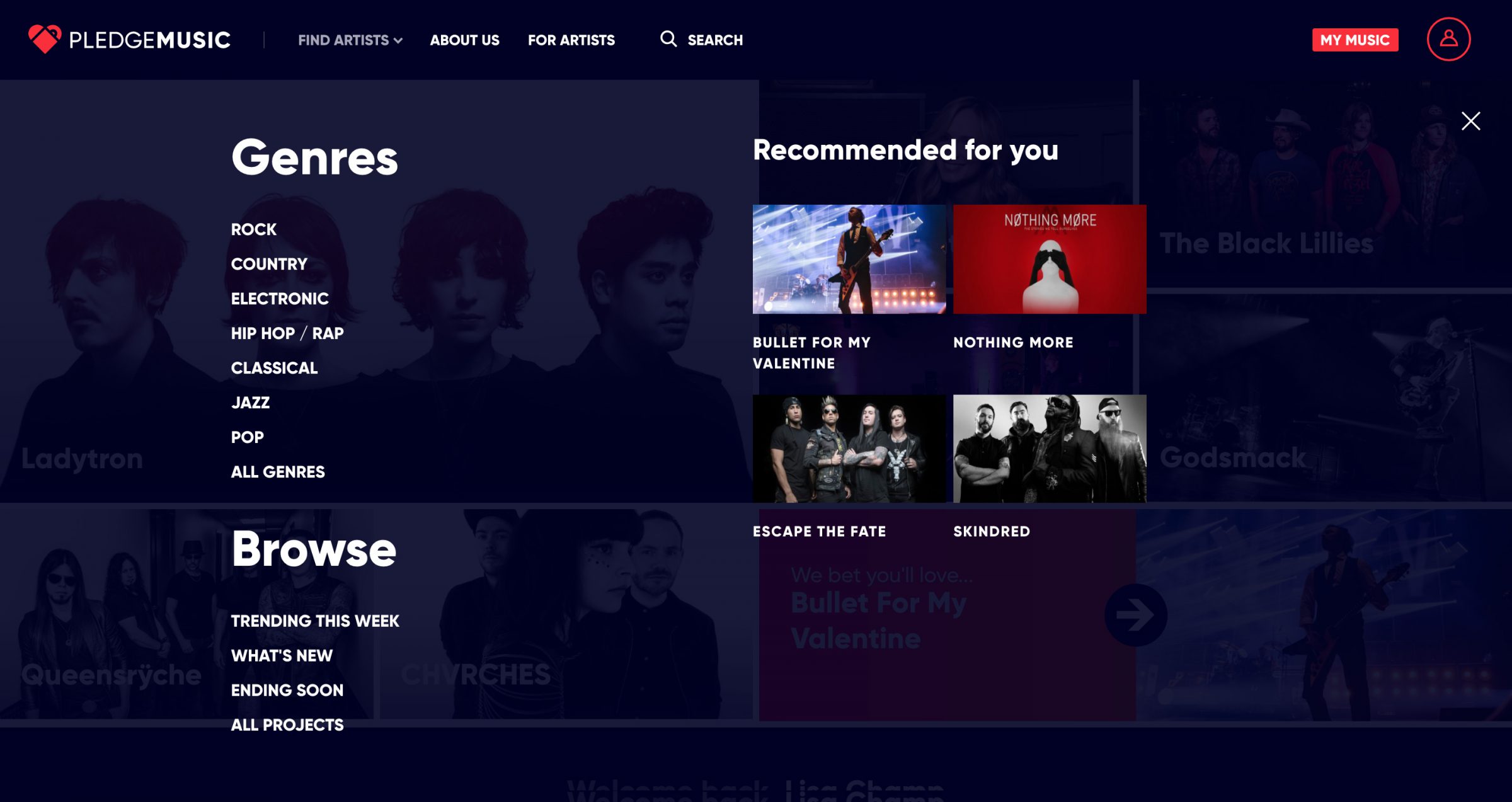 Desktop layout of PledgeMusic’s artists menu