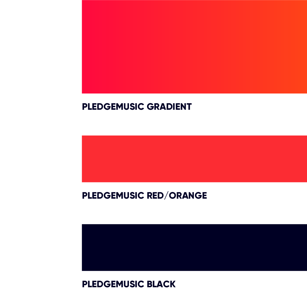 PledgeMusic color palette consisting of a red to orange gradient, red-orange, and black