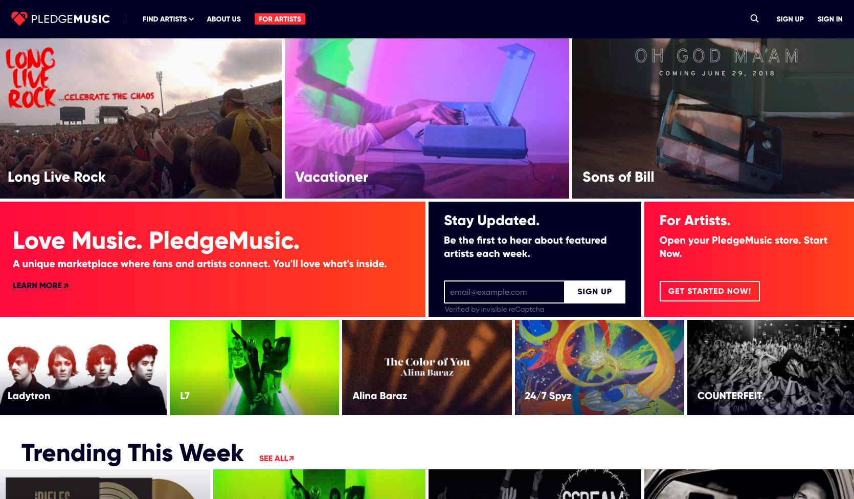 Desktop layout of PledgeMusic’s home page