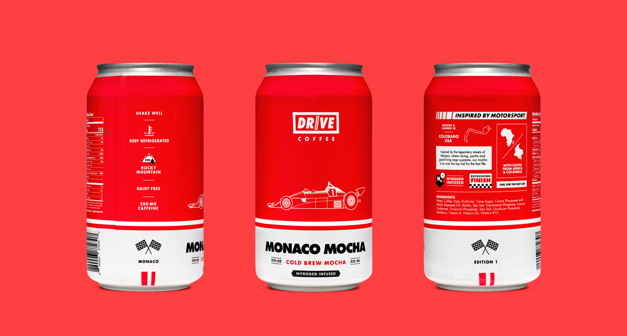 3 views of Drive Coffee's Monaco Mocha cold brew can label on a red background