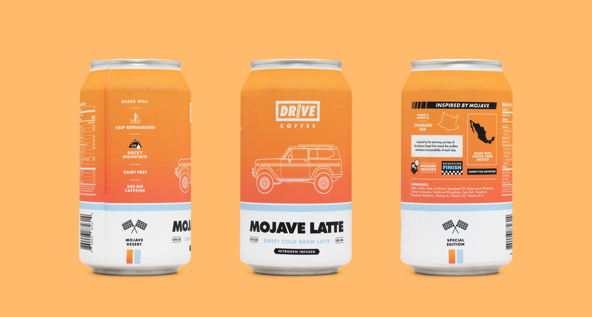 3 views of Drive Coffee's Mojave Latte cold brew can label on an orange background