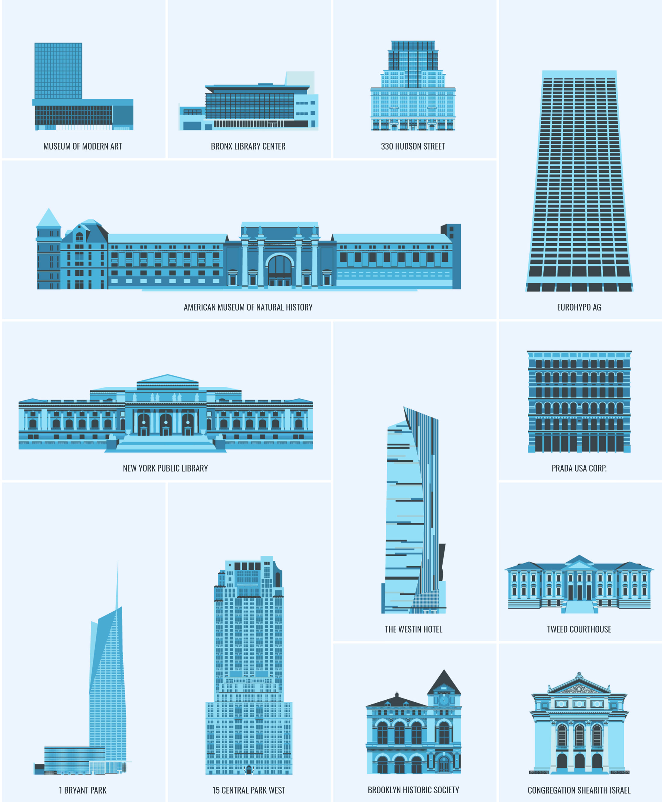 A grid of building illustrations