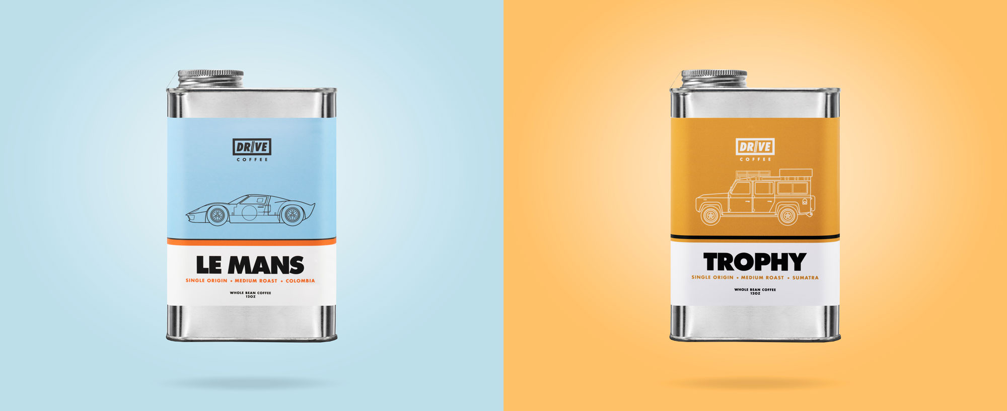 A photograph of 2 floating Drive Coffee Cans — to the left, Lemans. To the right, Trophy