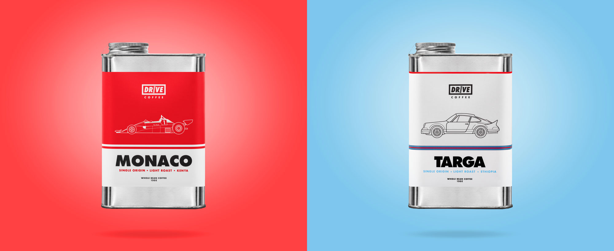 A photograph of 2 floating Drive Coffee Cans — to the left, Monaco. To the right, Targa