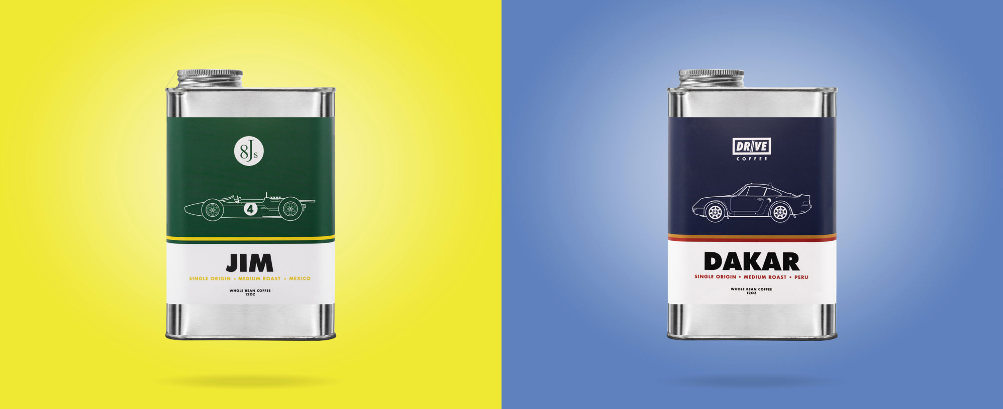 A photograph of 2 floating Drive Coffee Cans — to the left, Jim. To the right, Dakar