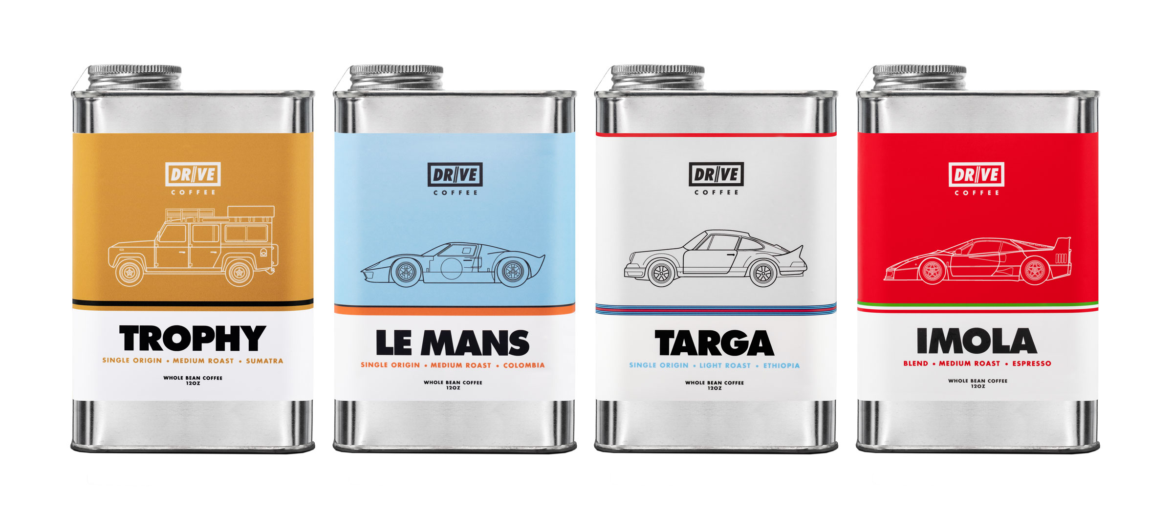 A photo of 4 Drive Coffee tins - Trophy, Le Mans, Targa, Imola
