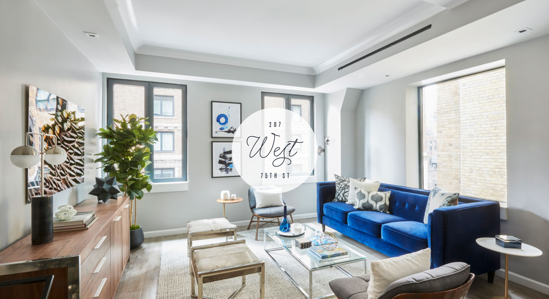 207 West 75th Street color palette consisting of navy blue, light blue, white, and supporting shades of grey.