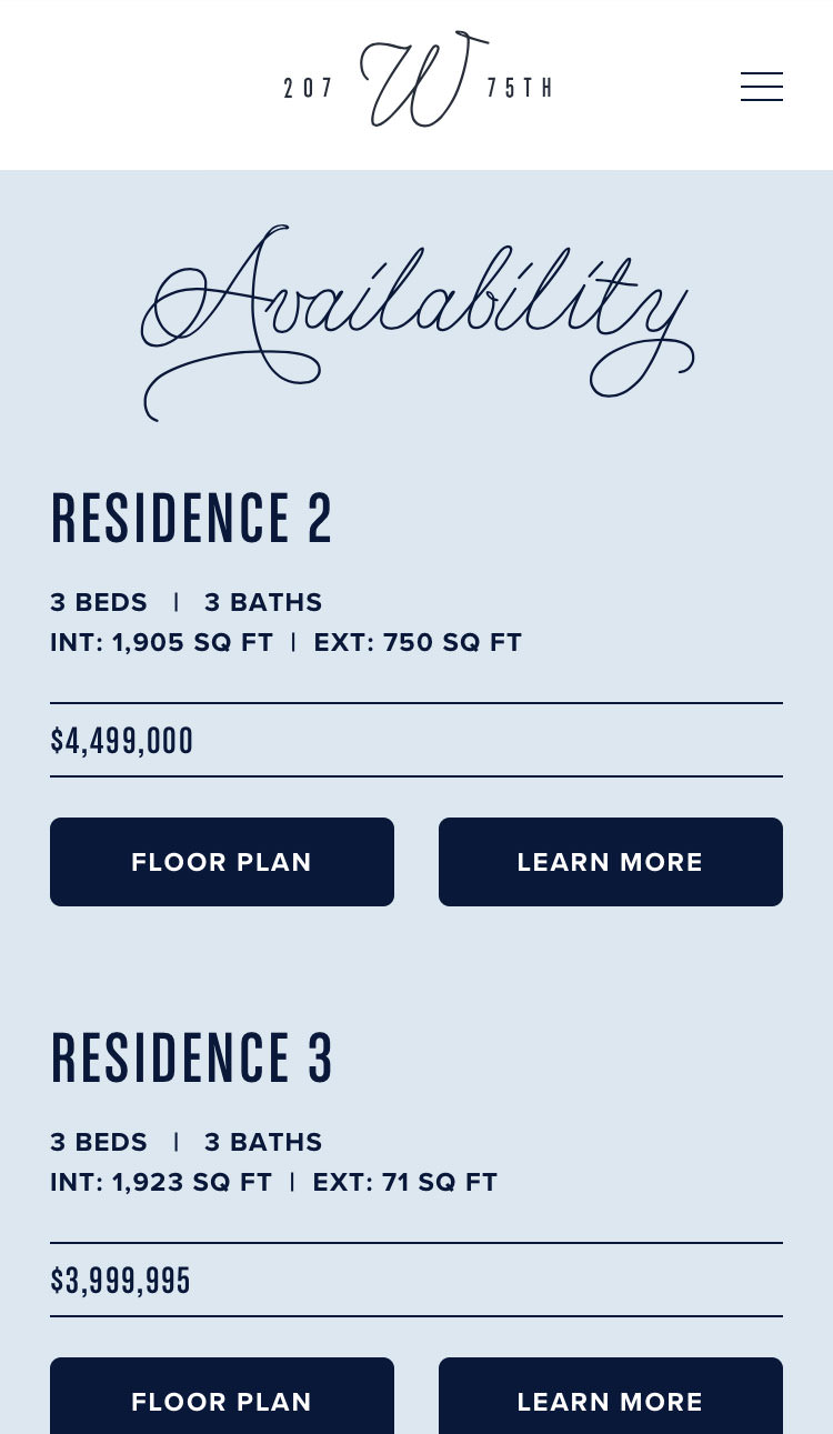 Mobile layout of 207 West 75th Street’s availability page