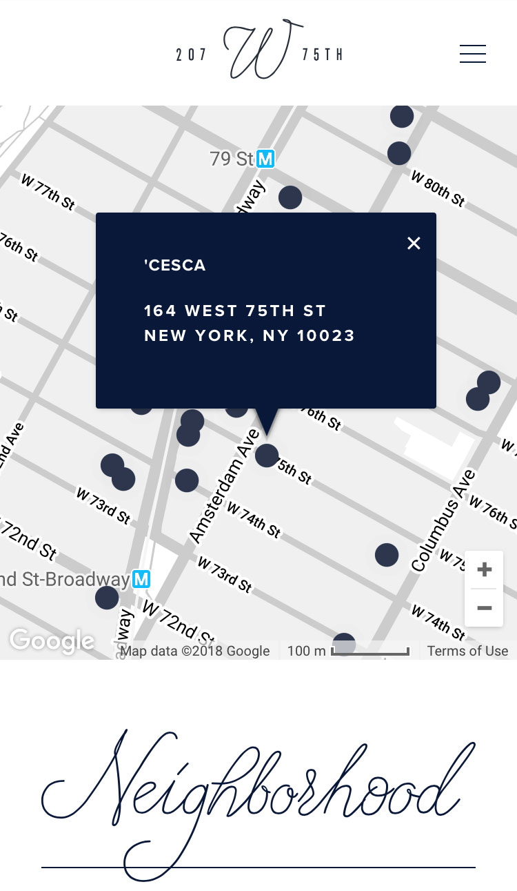 Mobile layout of 207 West 75th Street’s neighborhood page