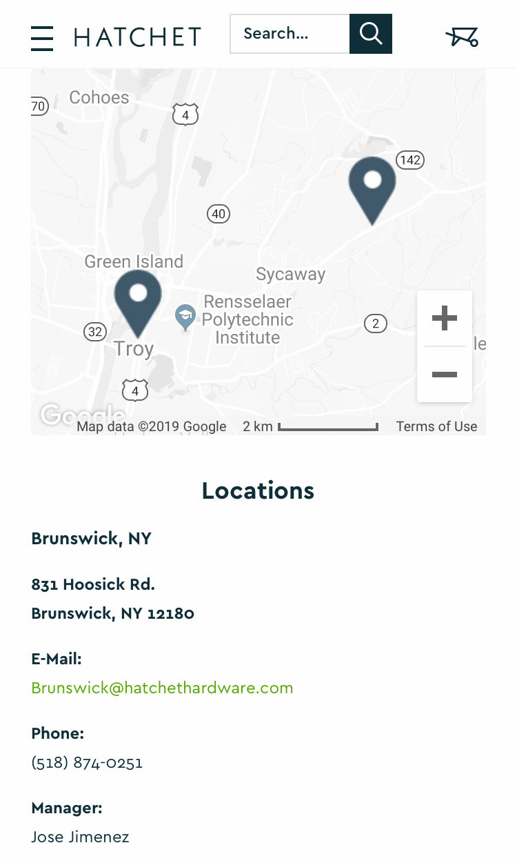 A screenshot of the locations page from Hatchet Hardware for mobile