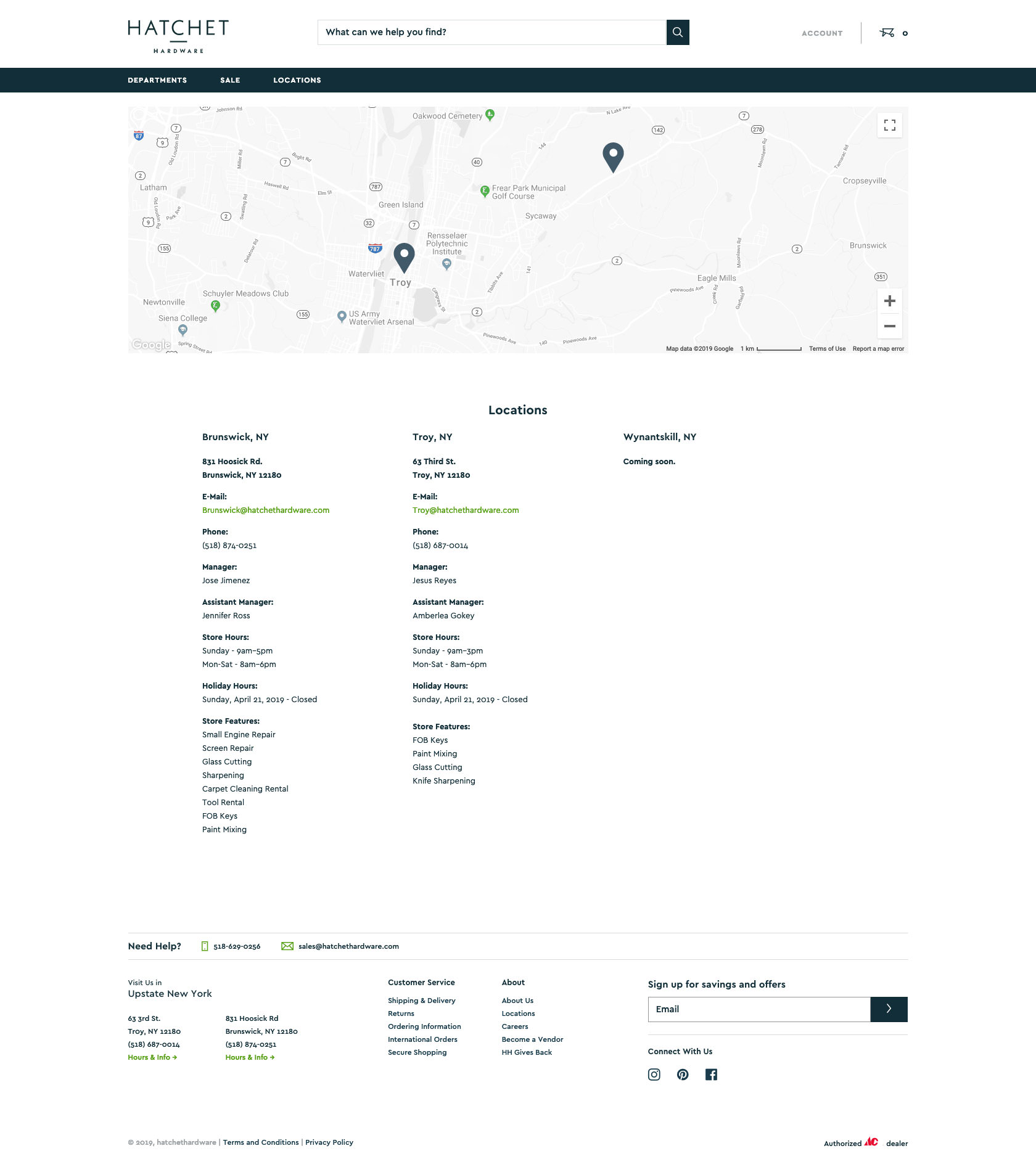 A screenshot of the locations page from Hatchet Hardware for desktop