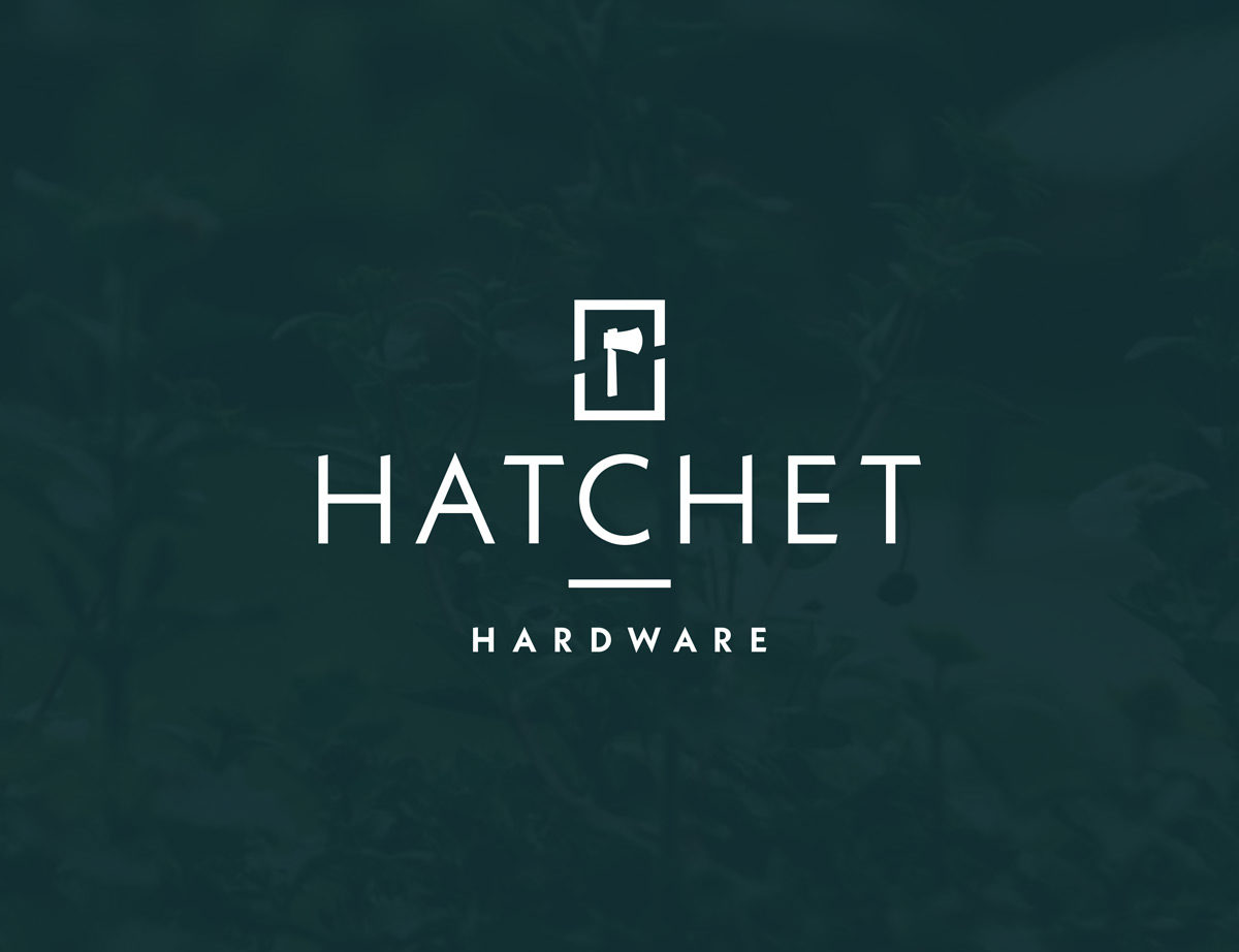 The Hatchet Hardware logo on a dark green background