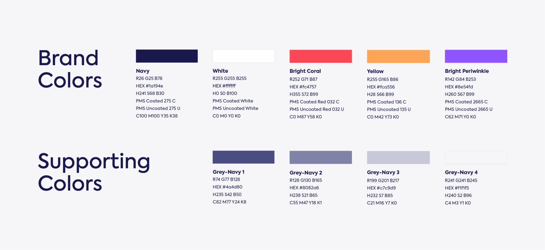 Primary brand color palette and supporting colors displaying color swatches and values