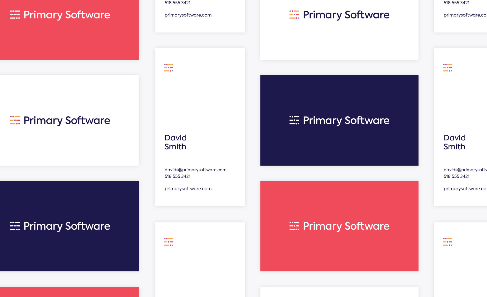 Fronts and backs of Primary Software business cards