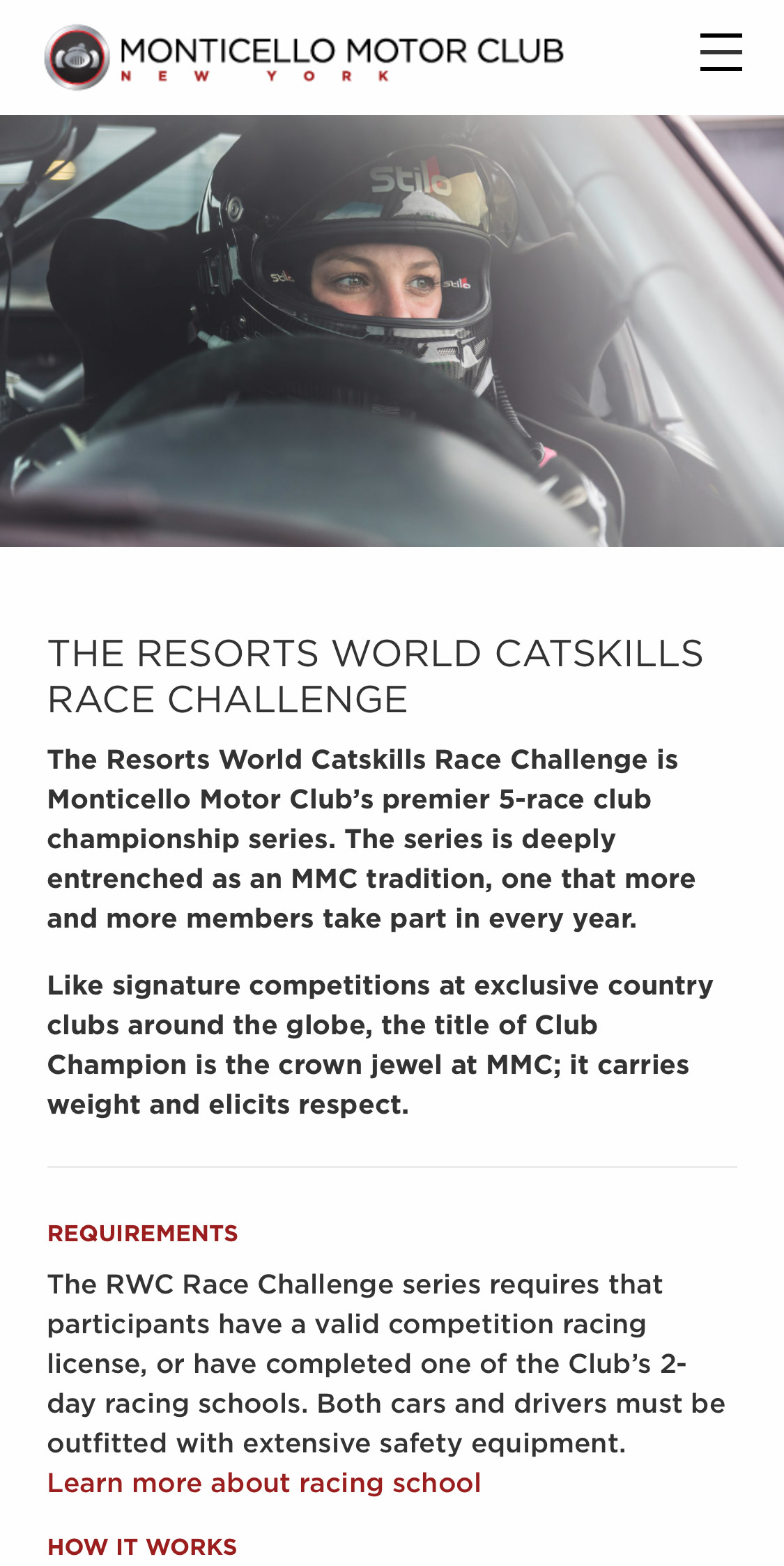 A screenshot of the MMC website mobile Member Races page, Resorts section