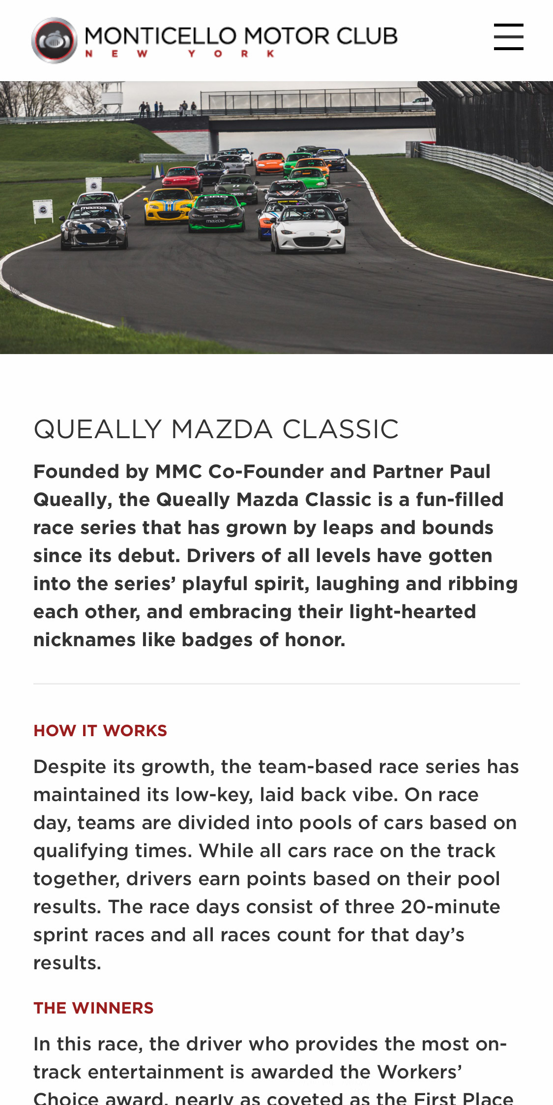 A screenshot of the MMC website mobile Member Races page, Queally section