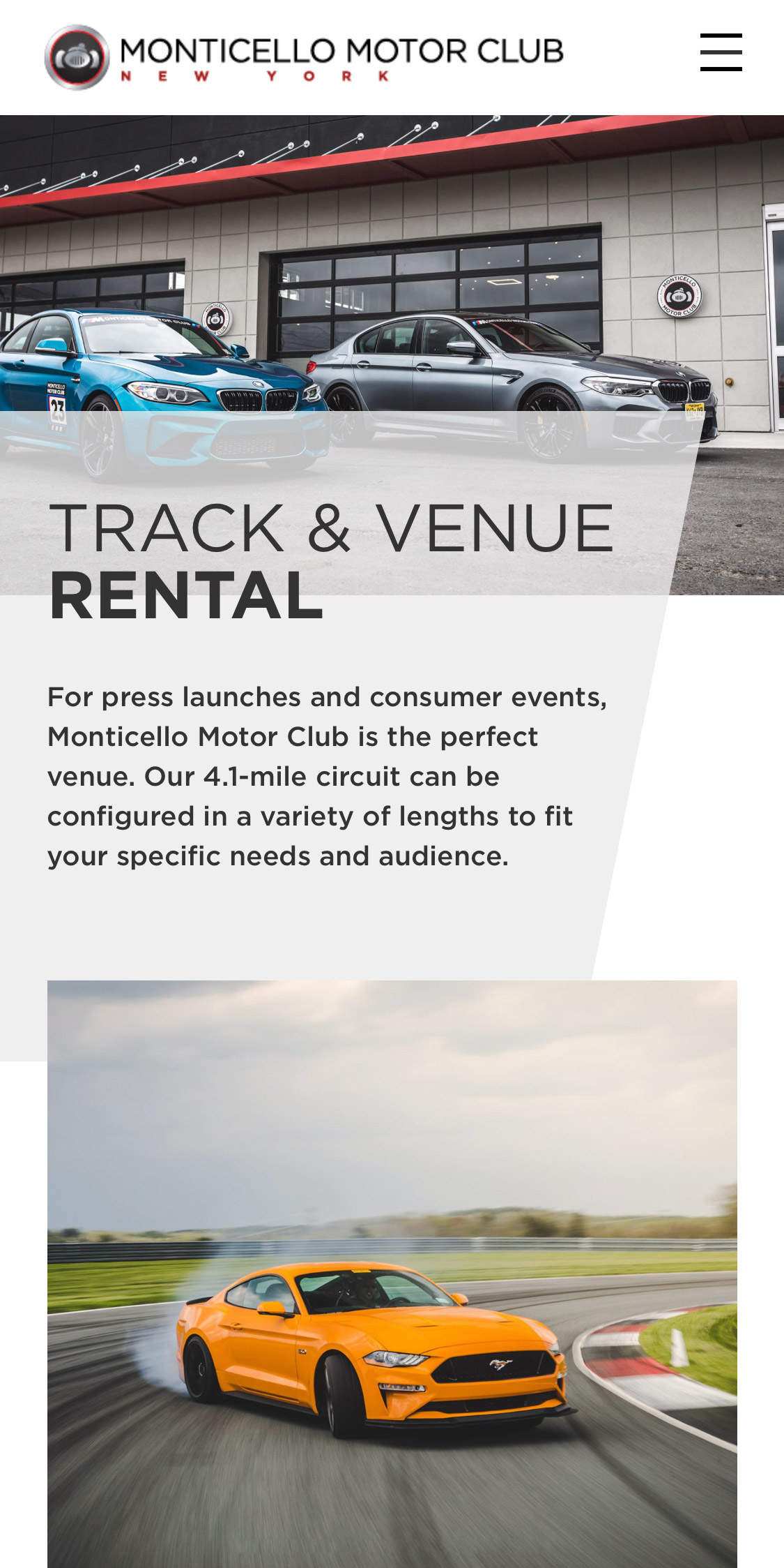A screenshot of the MMC website mobile Track & Venue Rental page