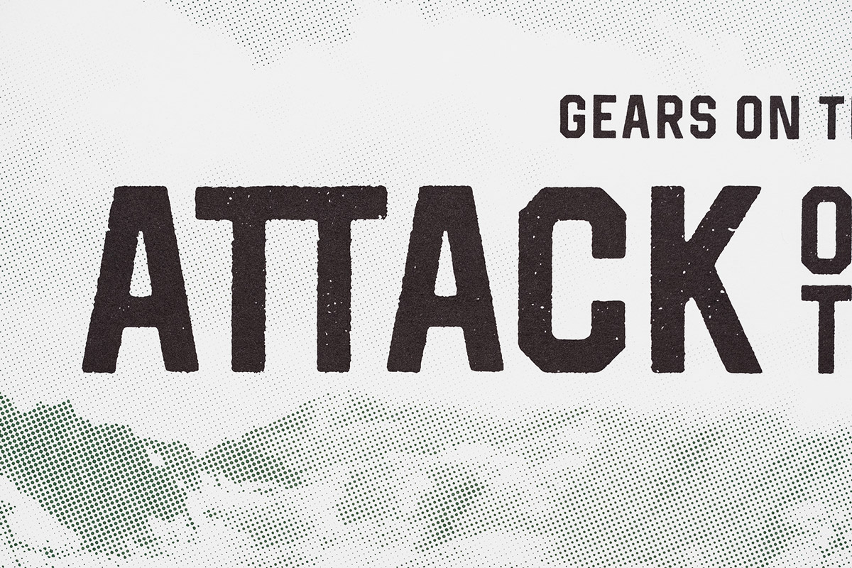 A closeup photograph of the silk screened poster for Gears on the Pier: Attack of the Racks