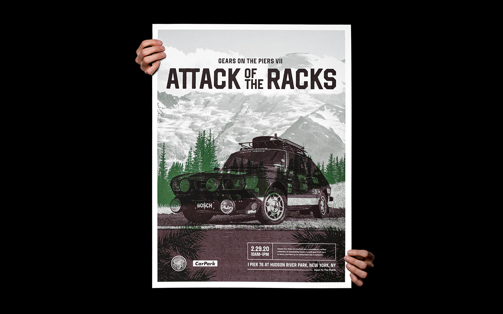 A photograph of the silk screened poster for Gears on the Pier: Attack of the Racks