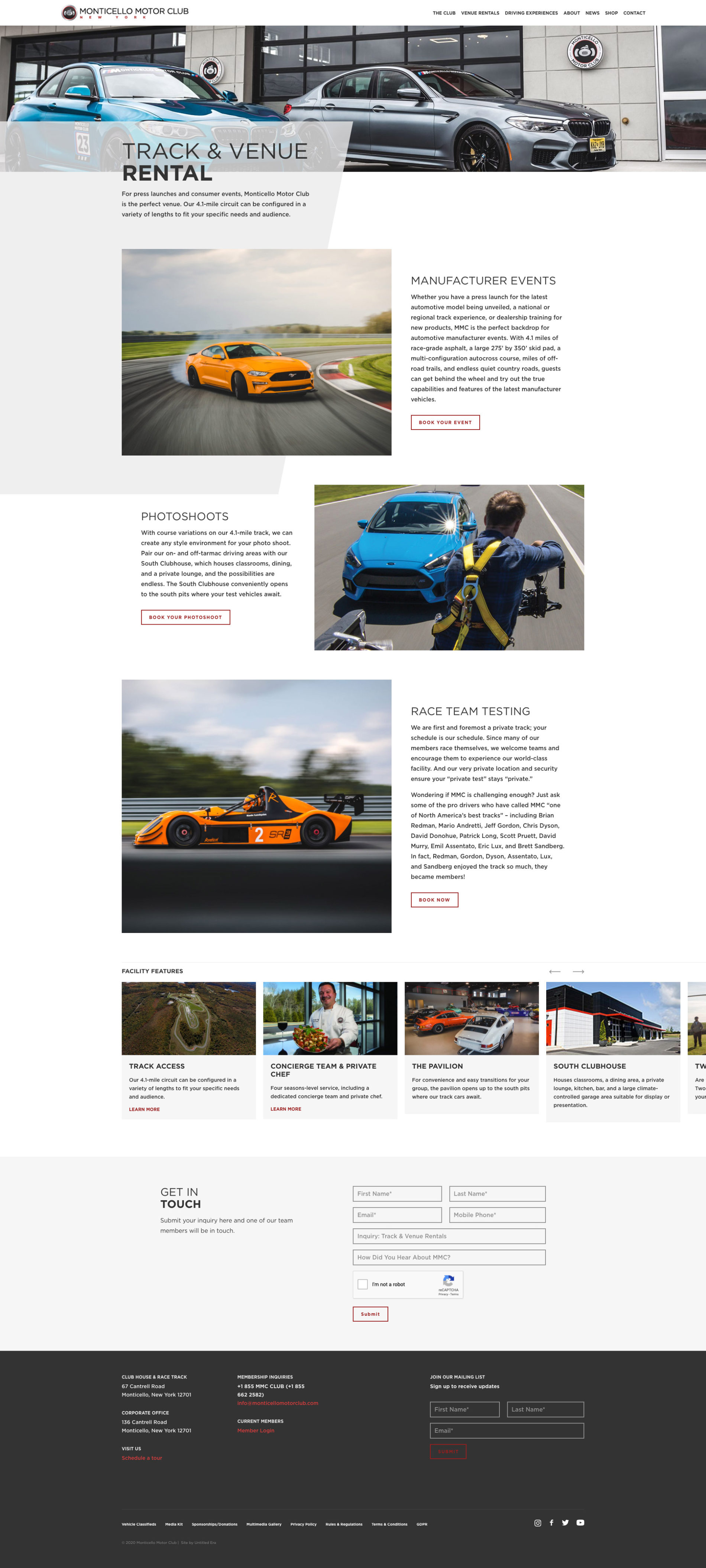 A screenshot of the MMC website Track & Venue Rental page