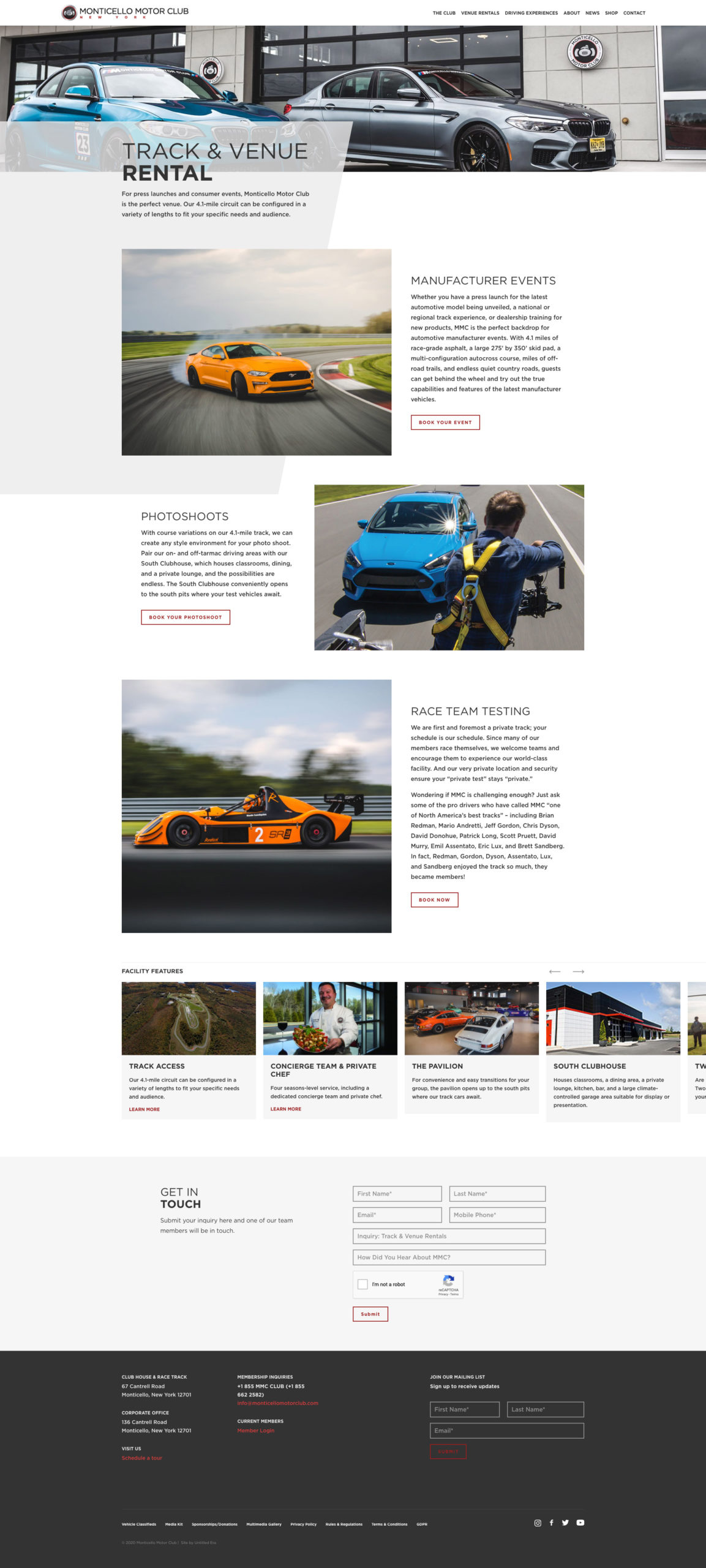 A screenshot of the MMC website Track & Venue Rental page for desktop