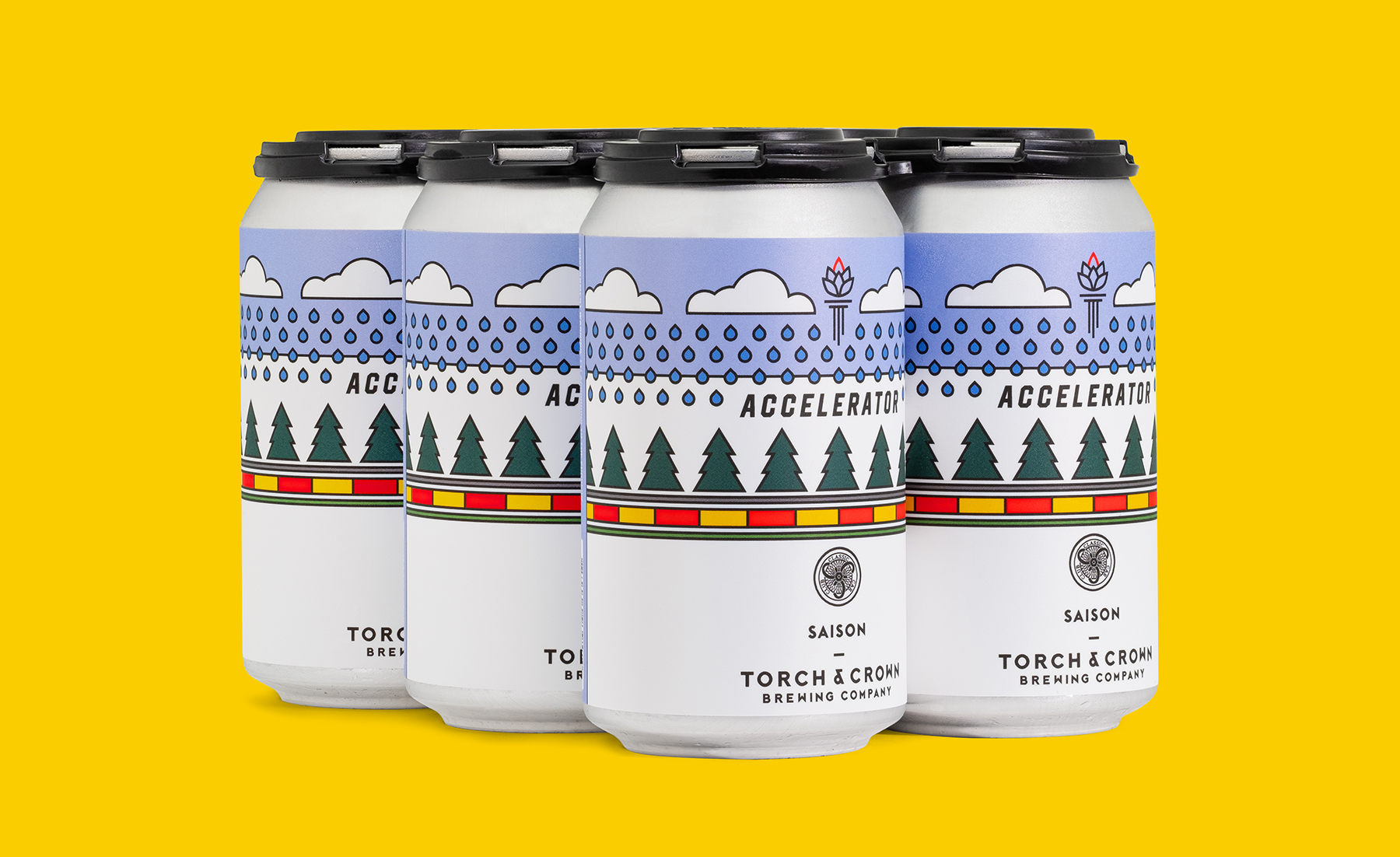 A six pack of the Accelerator beer cans on a yellow background