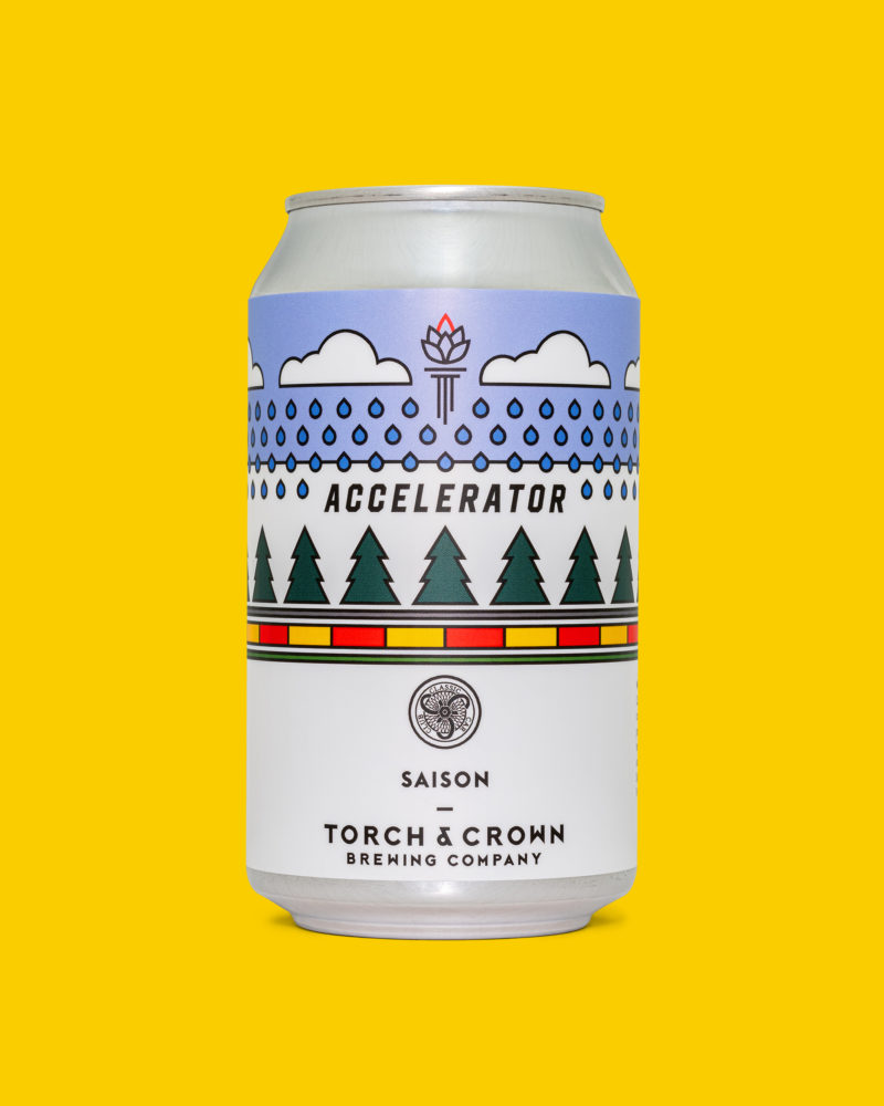 A front view of the beer can label containing a line illustration of pine trees, rain drops, clouds, and lines from the racetrack