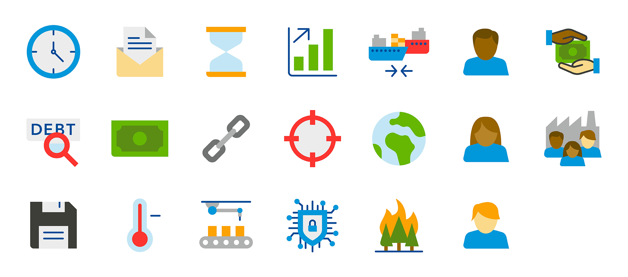 An overview of various icons created for the icon redesign project