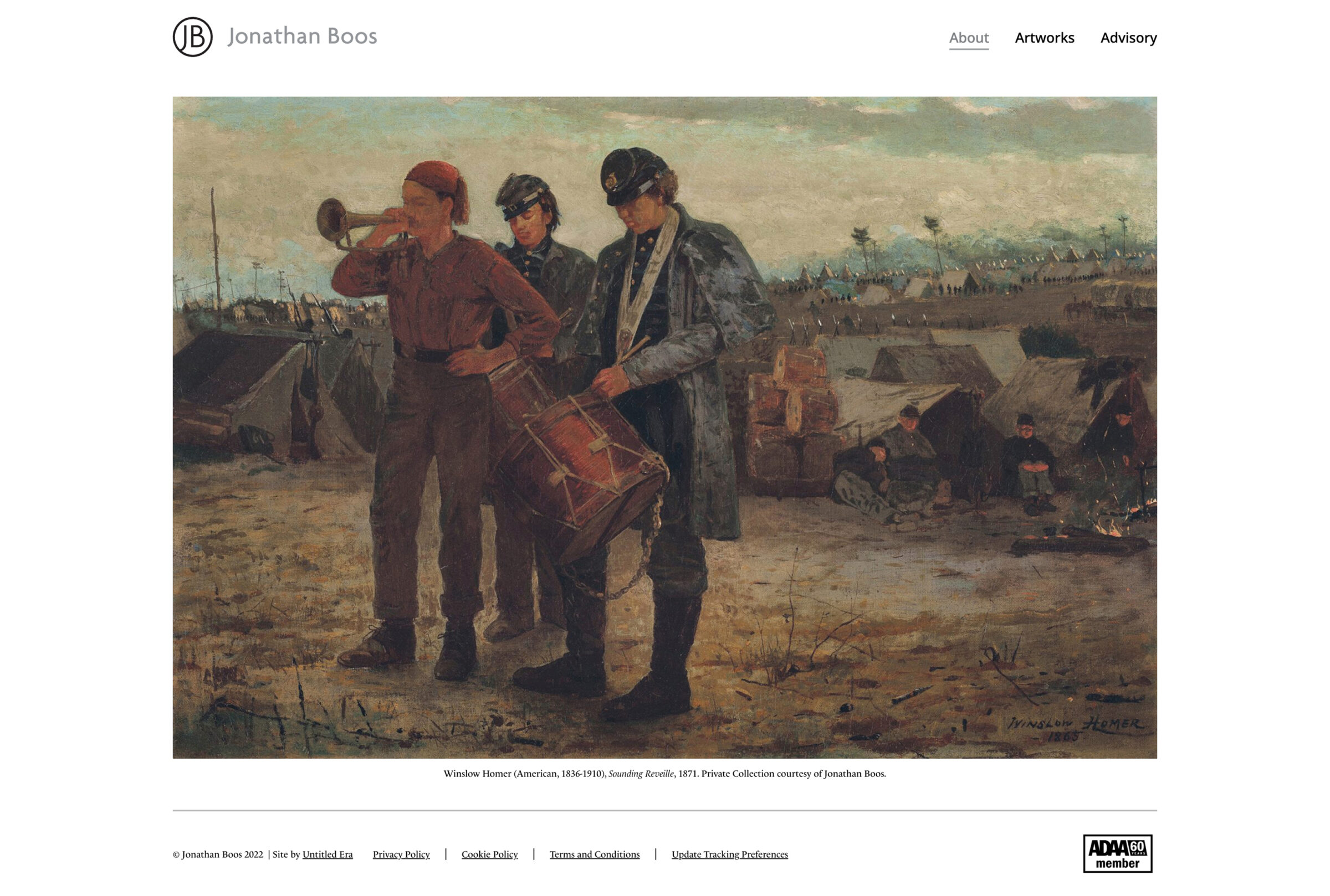 A screen shot of the desktop version of the Jonathan Boos home page featuring a large artwork.