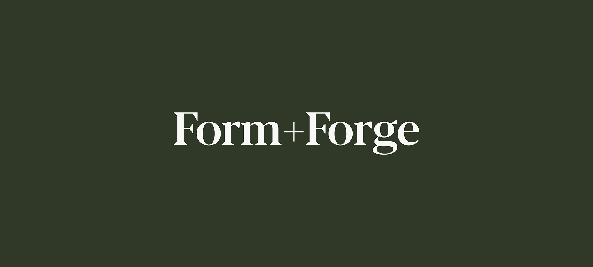 The Form+Forge wordmark in off-white on a seaweed green background. The Form+Forge letterforms are a Modern style with sharp contrast between the thick and thin strokes.